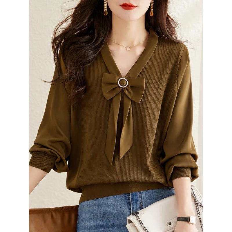 New V-neck Short Temperament Base Sweater - Army Green / S