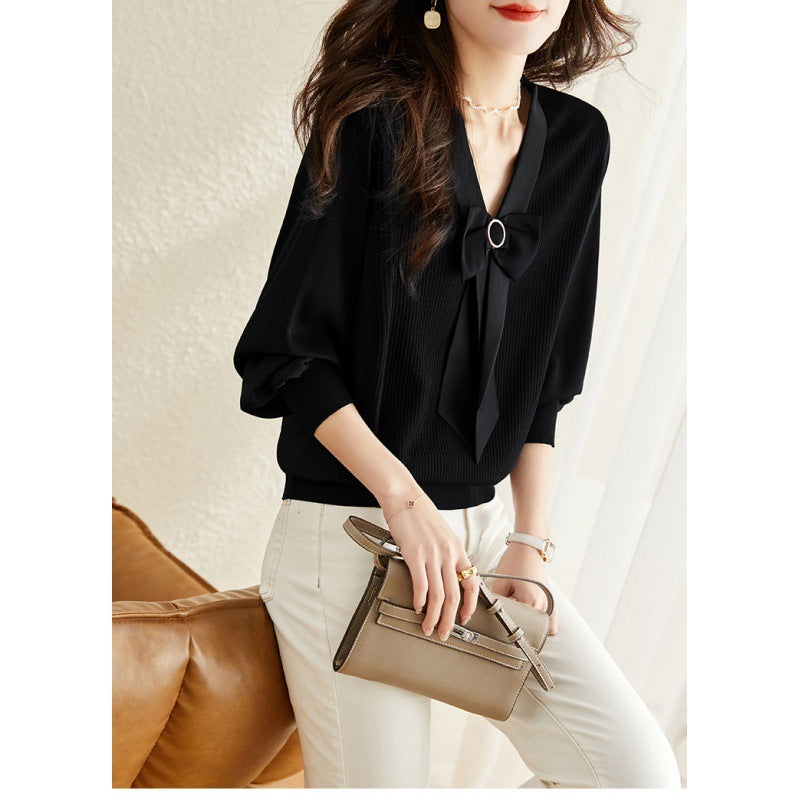New V-neck Short Temperament Base Sweater - Black / S