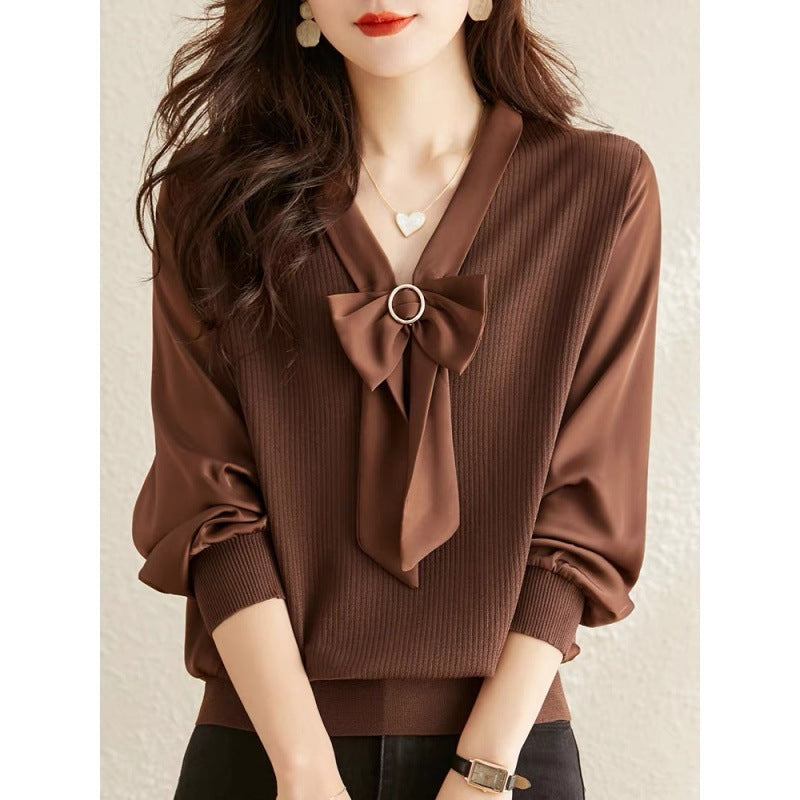 New V-neck Short Temperament Base Sweater - Brown / S