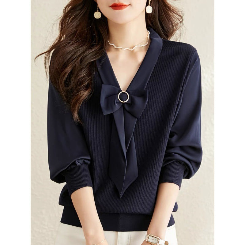 New V-neck Short Temperament Base Sweater - Navy Blue / S