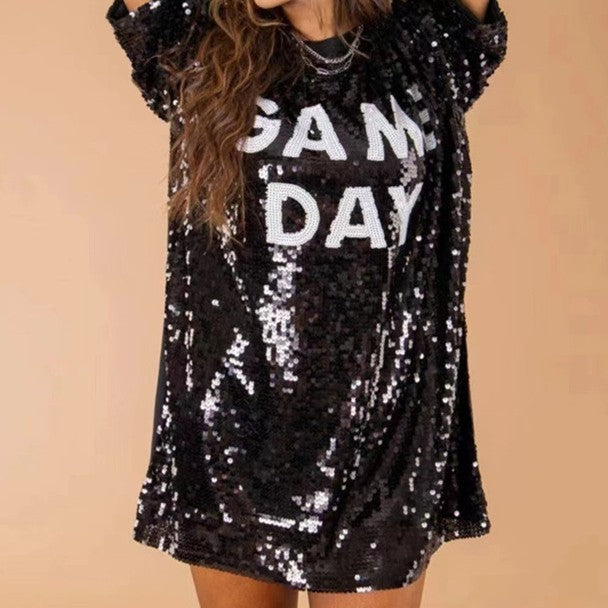 Sequined Short-sleeved Top Loose Plus Size T-shirt For Women - Black / Free Size
