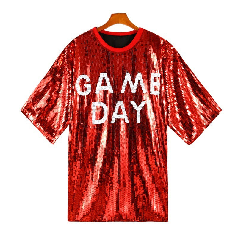 Sequined Short-sleeved Top Loose Plus Size T-shirt For Women - Red / Free Size