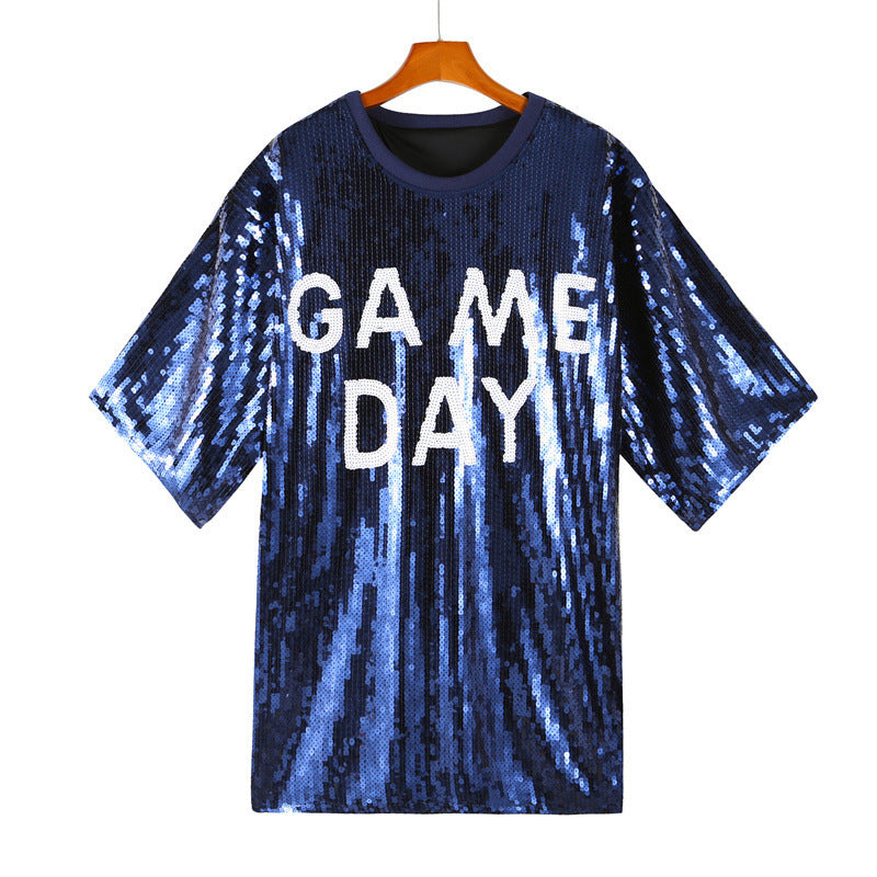 Sequined Short-sleeved Top Loose Plus Size T-shirt For Women - Sapphire Blue / Free Size