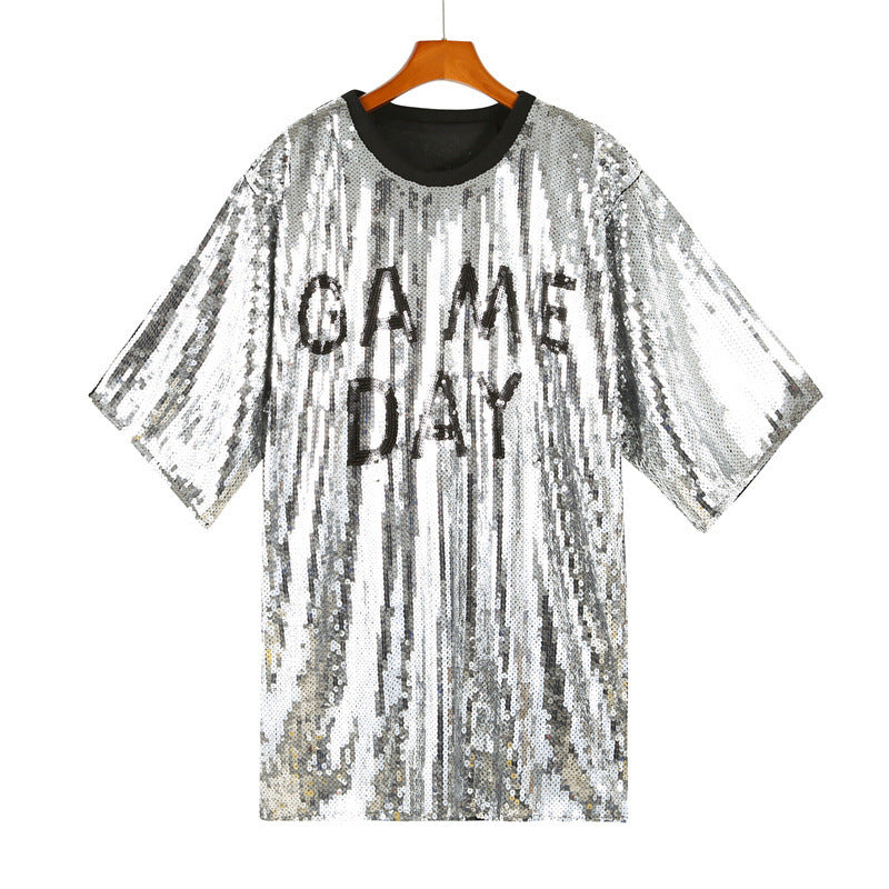 Sequined Short-sleeved Top Loose Plus Size T-shirt For Women - Silver / Free Size