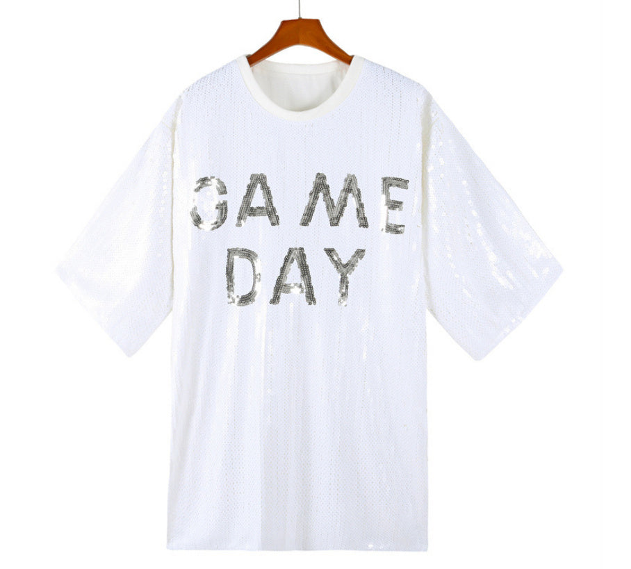 Sequined Short-sleeved Top Loose Plus Size T-shirt For Women - White / Free Size