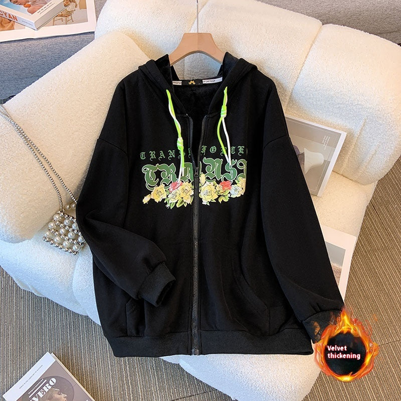 Women’s Velvet Padded Thickened Sweater Warm Hooded - Black Plus Velvet Style / 2XL