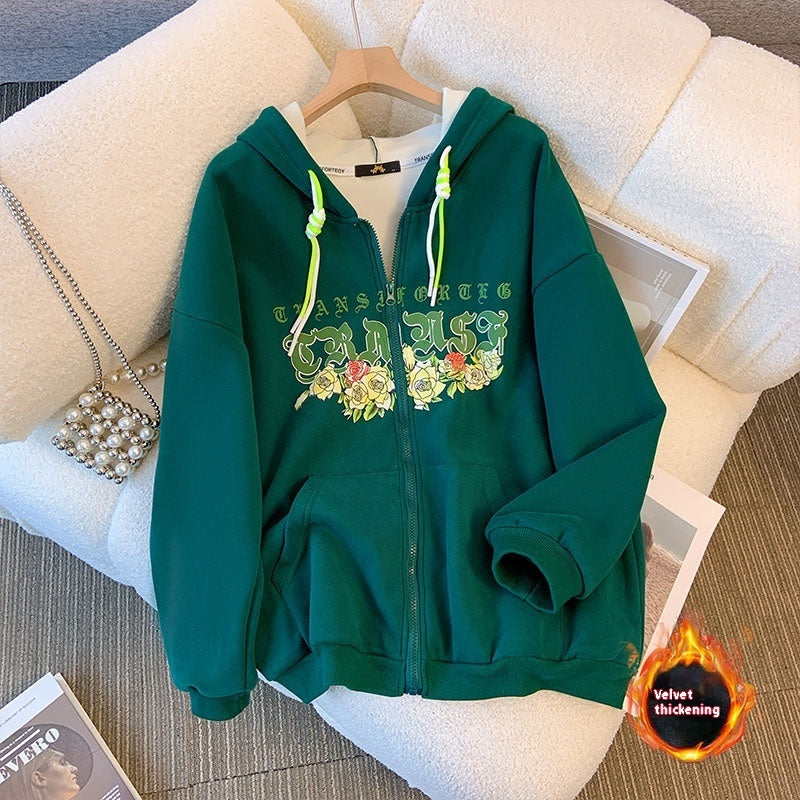 Women’s Velvet Padded Thickened Sweater Warm Hooded - Green With Fleece Lining Style / 2XL