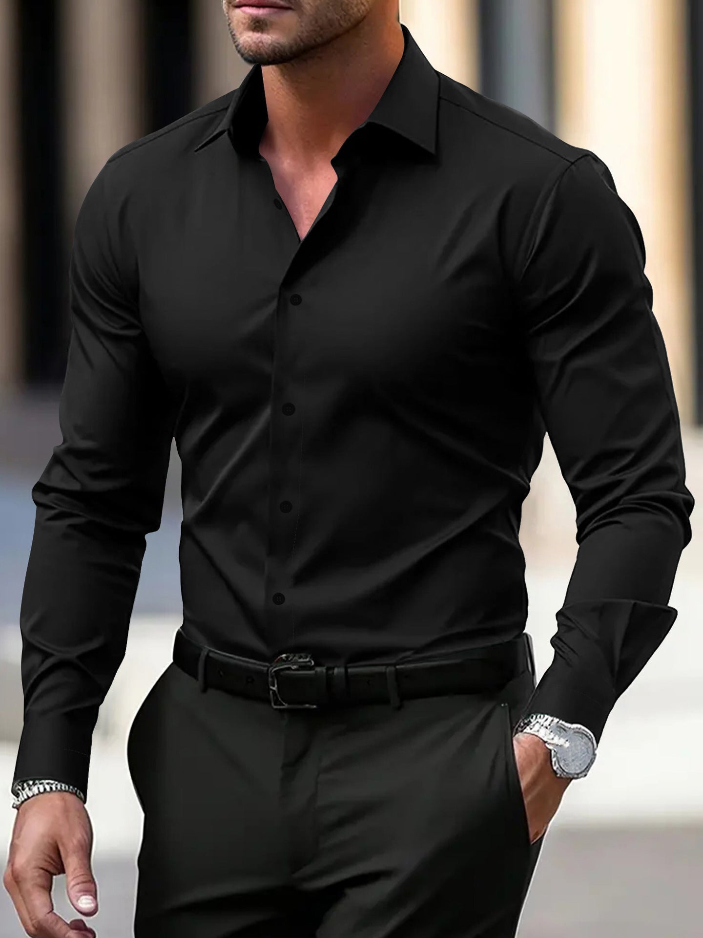 Men’s Long Sleeve Business Formal Wear Slim Fit Shirt - Black / XS