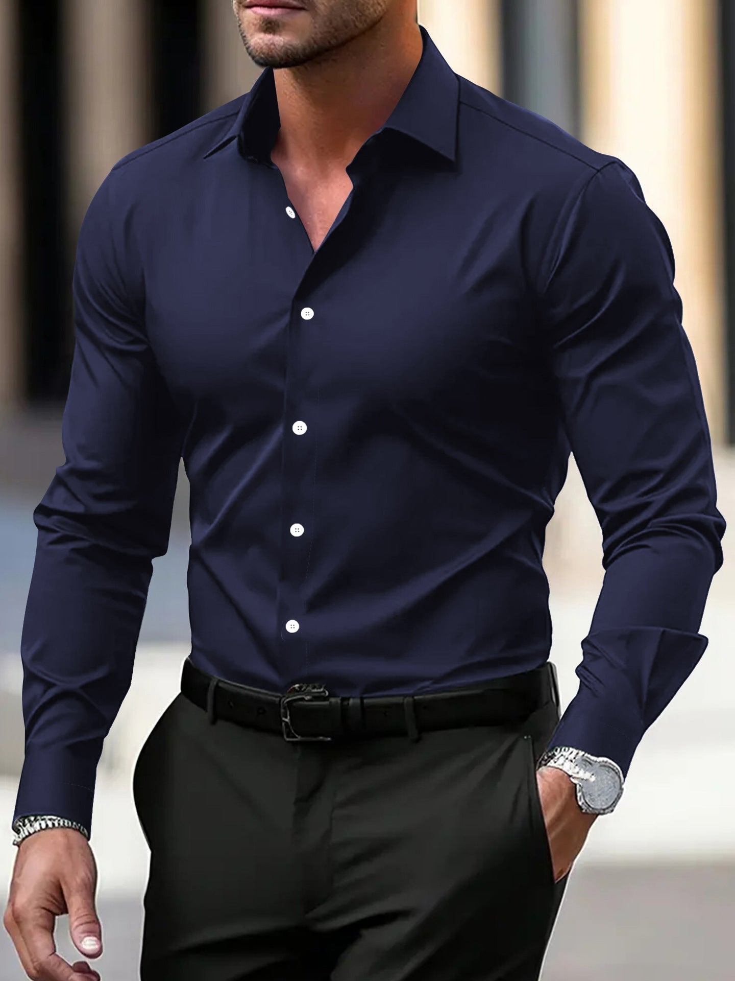 Men’s Long Sleeve Business Formal Wear Slim Fit Shirt - Navy Blue / XS
