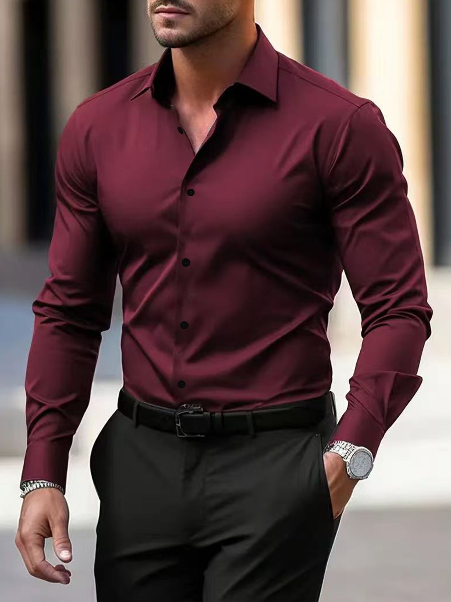 Men’s Long Sleeve Business Formal Wear Slim Fit Shirt - Wine Red / XS