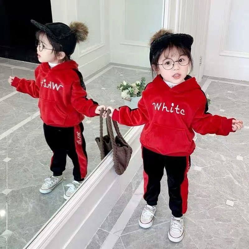 Girls Autumn And Winter Outfits Gold Velvet Thickening - Red / 80
