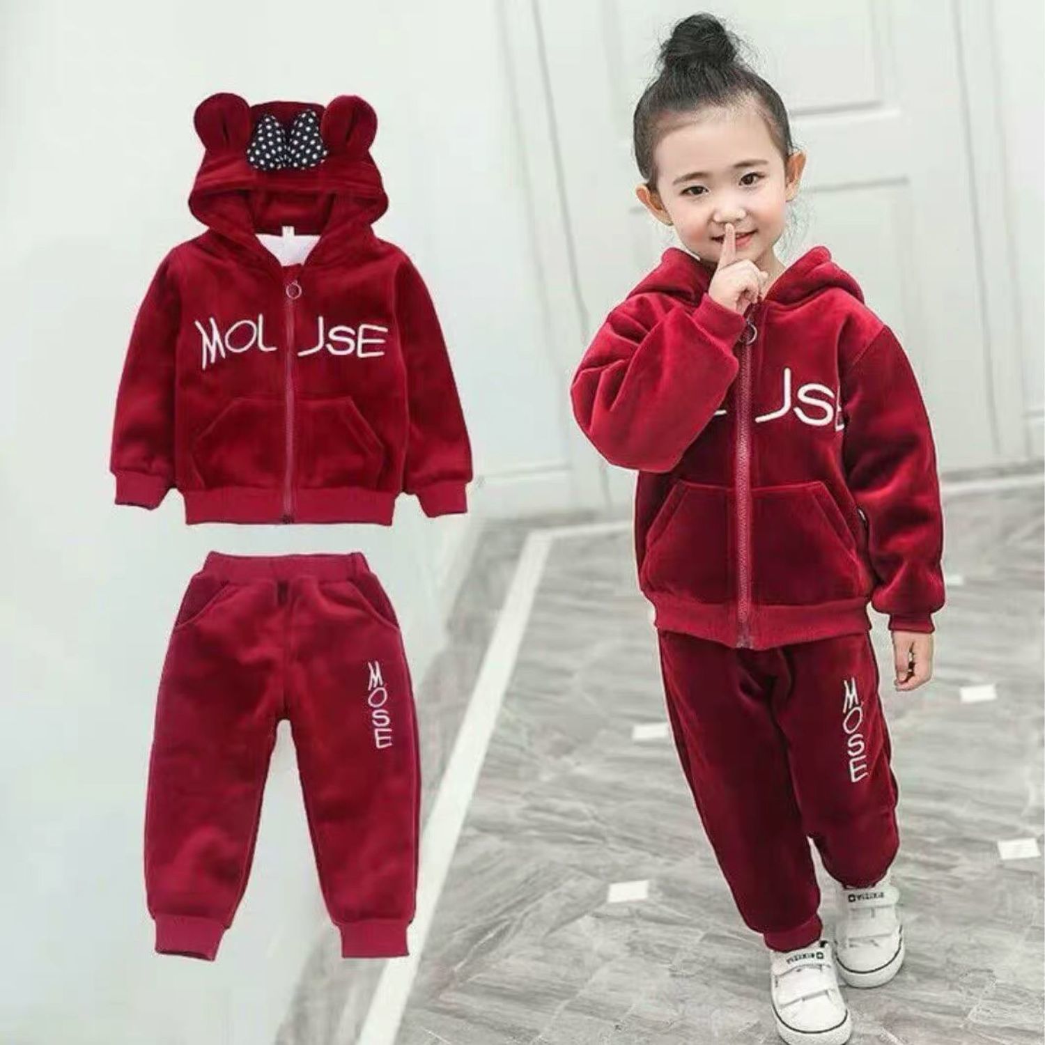Girls Autumn And Winter Outfits Gold Velvet Thickening - Wine Red / 80