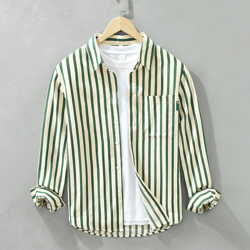 Vertical Striped Long-sleeved Shirt Loose - Green / M