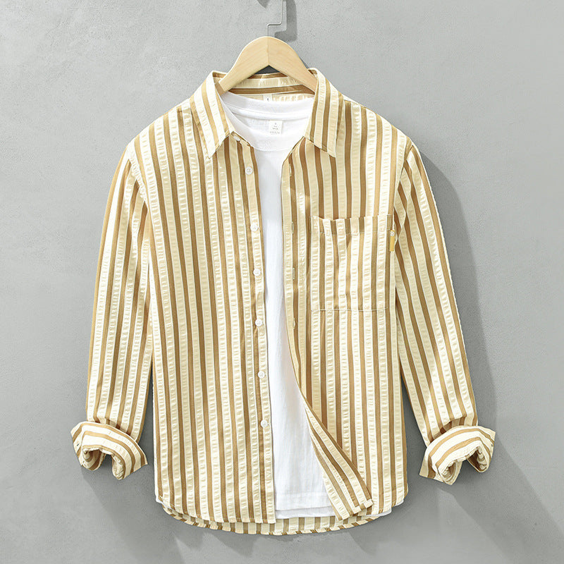 Vertical Striped Long-sleeved Shirt Loose - Khaki / M