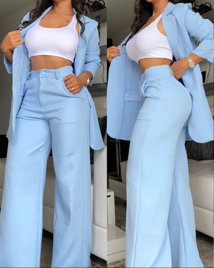 Plain Color Sleeve Lapel Suit Pocket Straight-leg Pants Suit - Light Blue / S