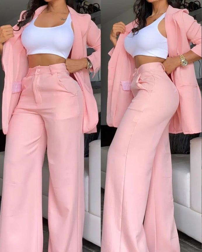 Plain Color Sleeve Lapel Suit Pocket Straight-leg Pants Suit - Pink / S
