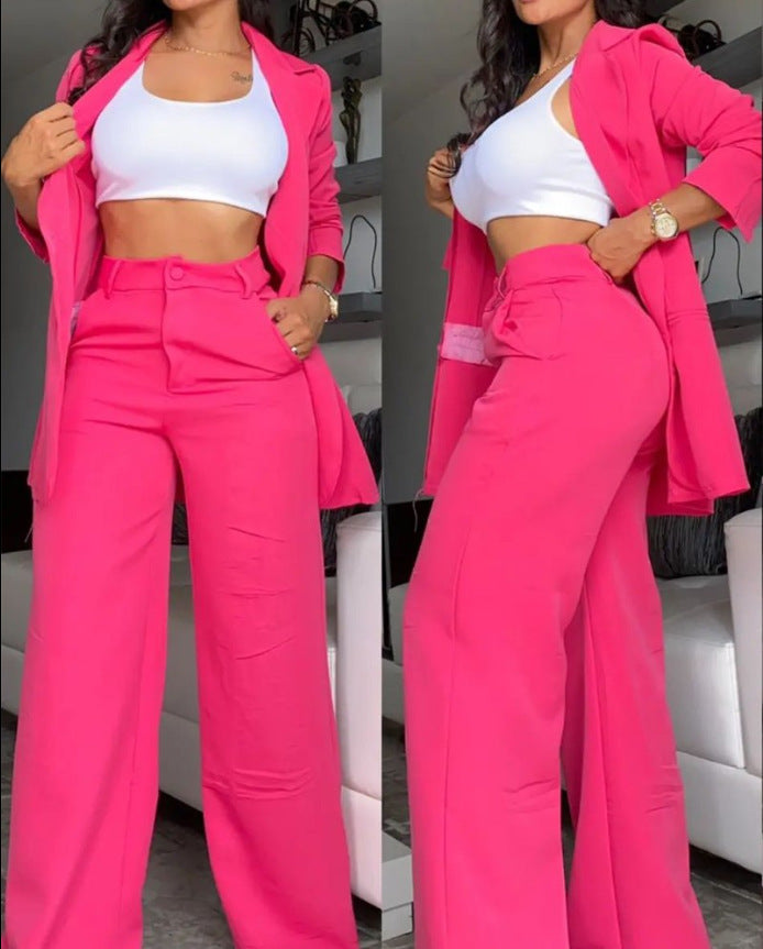 Plain Color Sleeve Lapel Suit Pocket Straight-leg Pants Suit - Rose Red / S