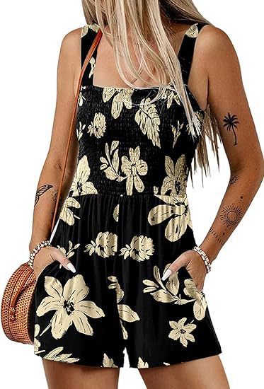 Flower Print Shorts Jumpsuit Summer Fashion Sleeveless Beach Bodysuit - S / Black