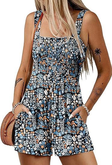 Flower Print Shorts Jumpsuit Summer Fashion Sleeveless Beach Bodysuit - S / Blue
