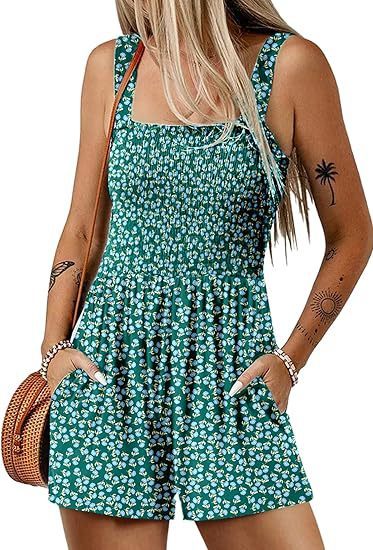 Flower Print Shorts Jumpsuit Summer Fashion Sleeveless Beach Bodysuit - S / Dark Green