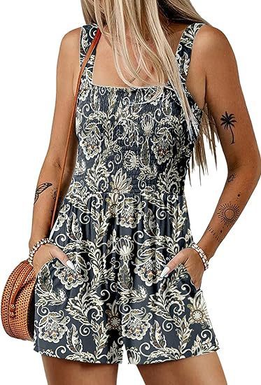 Flower Print Shorts Jumpsuit Summer Fashion Sleeveless Beach Bodysuit - S / Gray