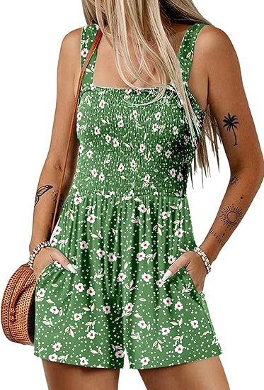 Flower Print Shorts Jumpsuit Summer Fashion Sleeveless Beach Bodysuit - S / Green