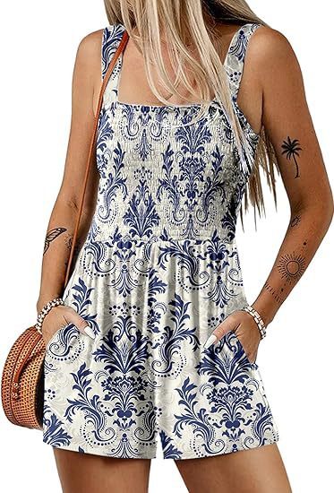 Flower Print Shorts Jumpsuit Summer Fashion Sleeveless Beach Bodysuit - S / Light Blue