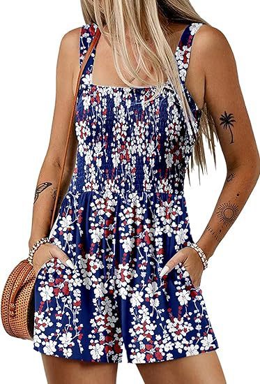 Flower Print Shorts Jumpsuit Summer Fashion Sleeveless Beach Bodysuit - S / Navy Blue