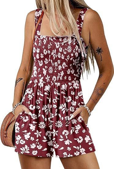 Flower Print Shorts Jumpsuit Summer Fashion Sleeveless Beach Bodysuit - S / Red