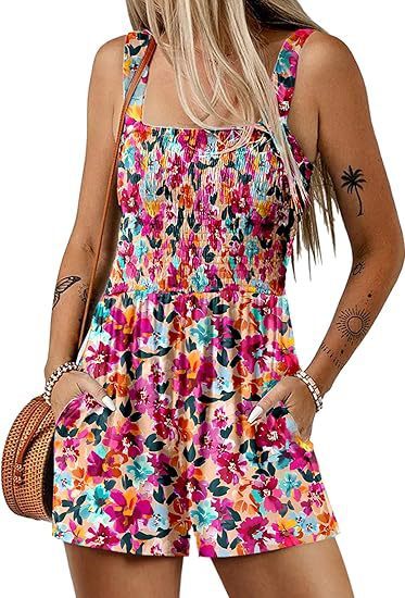 Flower Print Shorts Jumpsuit Summer Fashion Sleeveless Beach Bodysuit - S / Rose Red