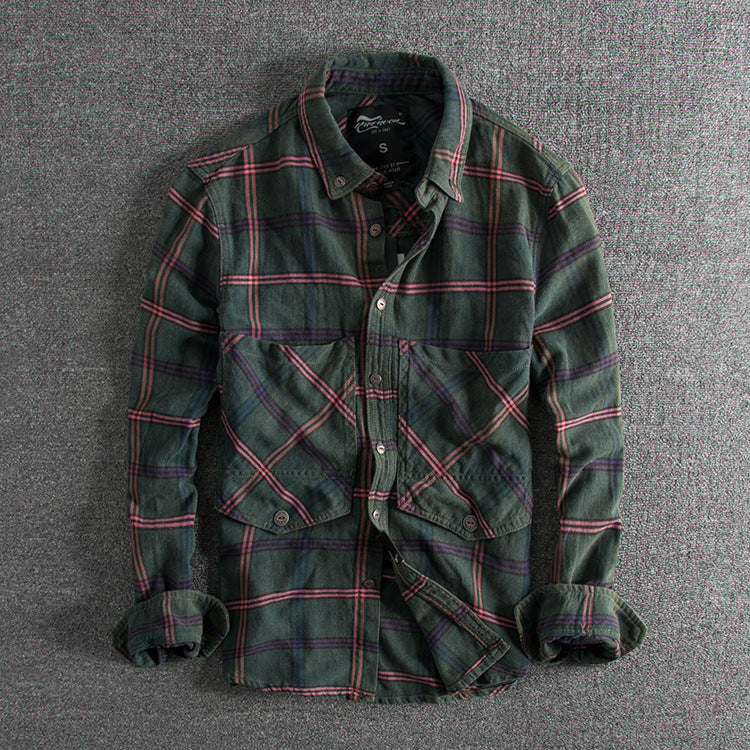 Slim all-match Men’s Casual Plaid Long-sleeved Shirt - Green / XXL