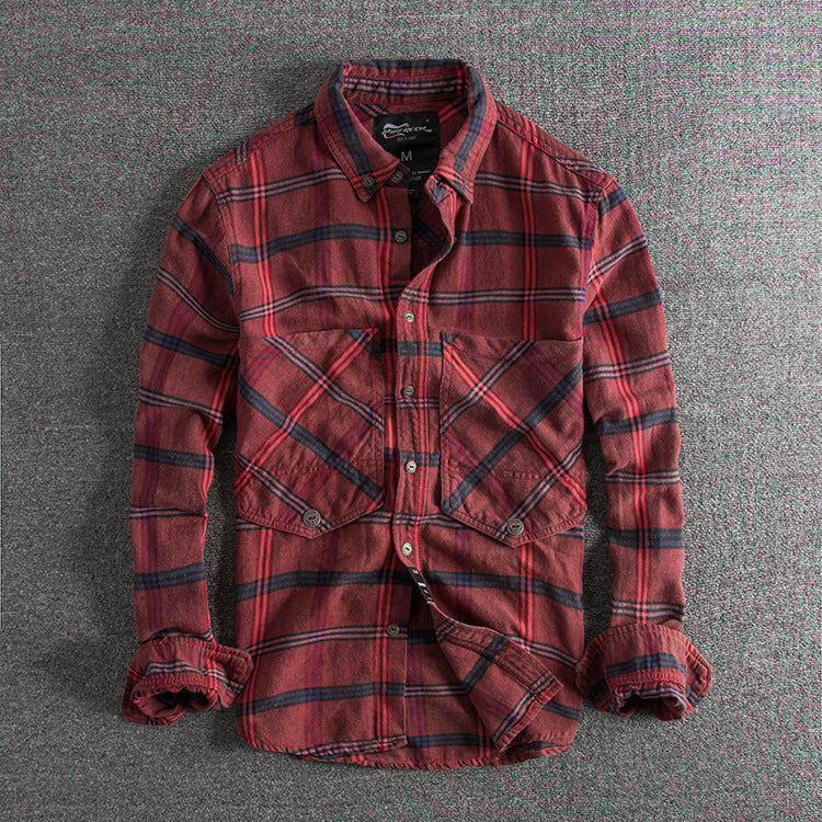 Slim all-match Men’s Casual Plaid Long-sleeved Shirt - Red / M