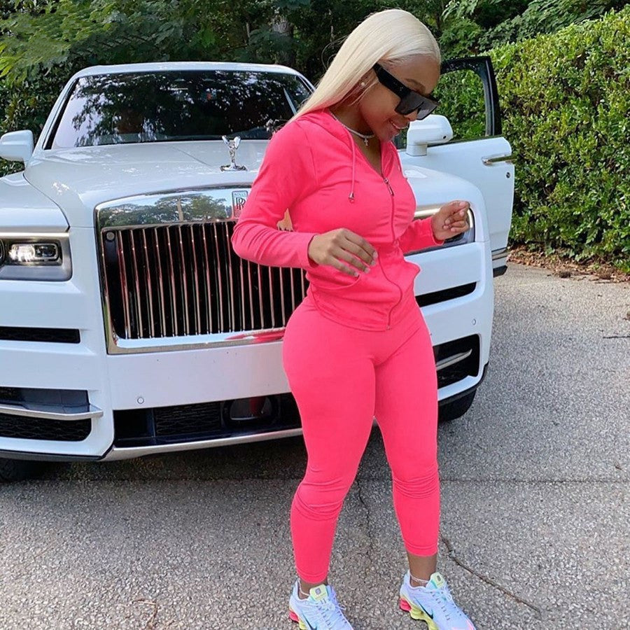 Factory Direct Sales Sports Suit New Women’s Multi-color Hooded Slim Fit Casual Suit - Rose Red / S