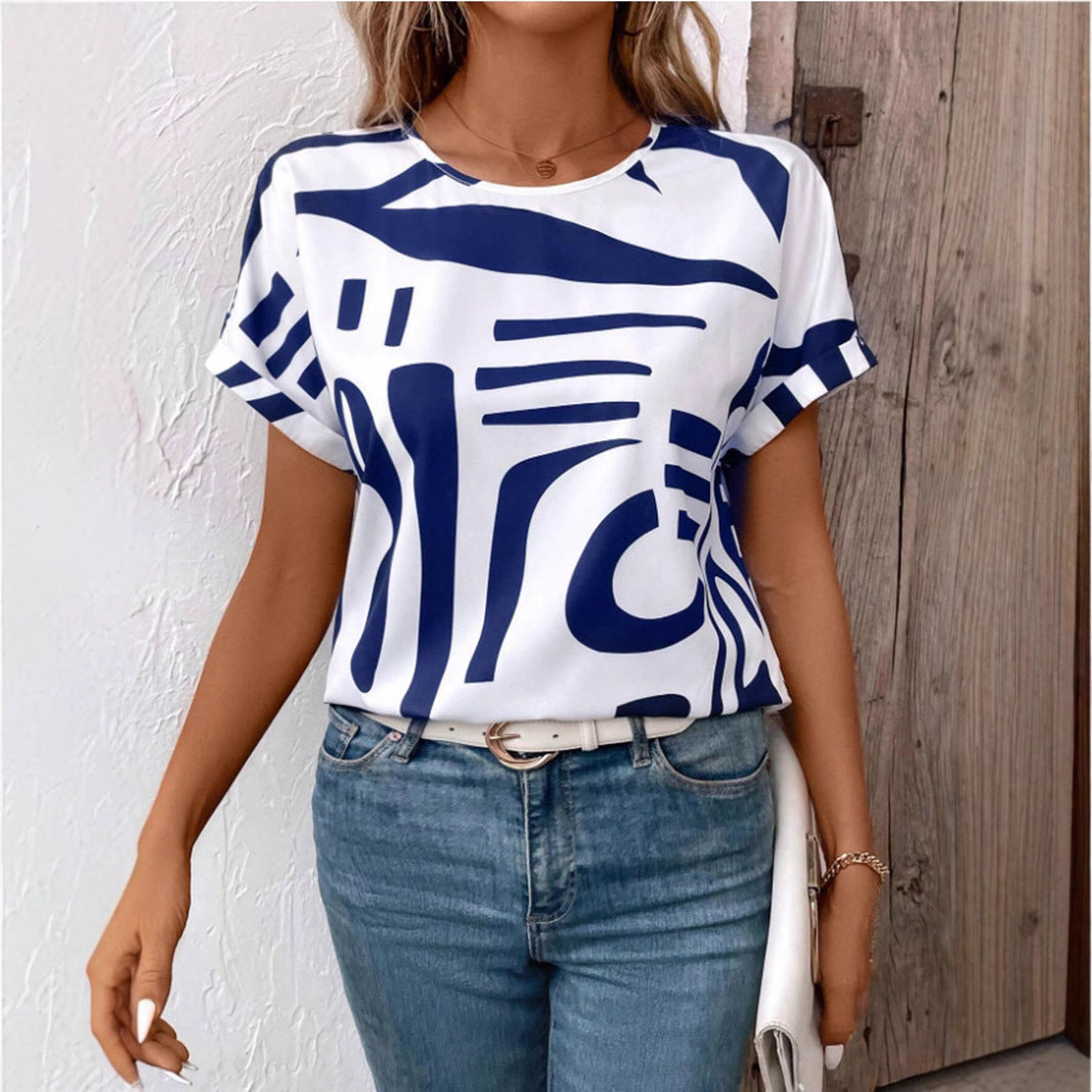 Batwing Sleeve Round Neck Geometric Printed Shirt For Women - Blue / S