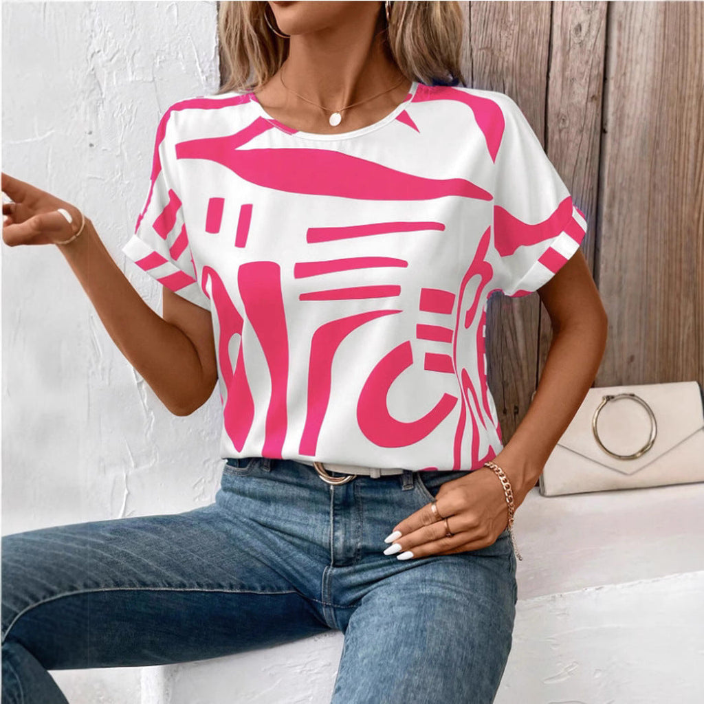 Batwing Sleeve Round Neck Geometric Printed Shirt For Women - Pink / S