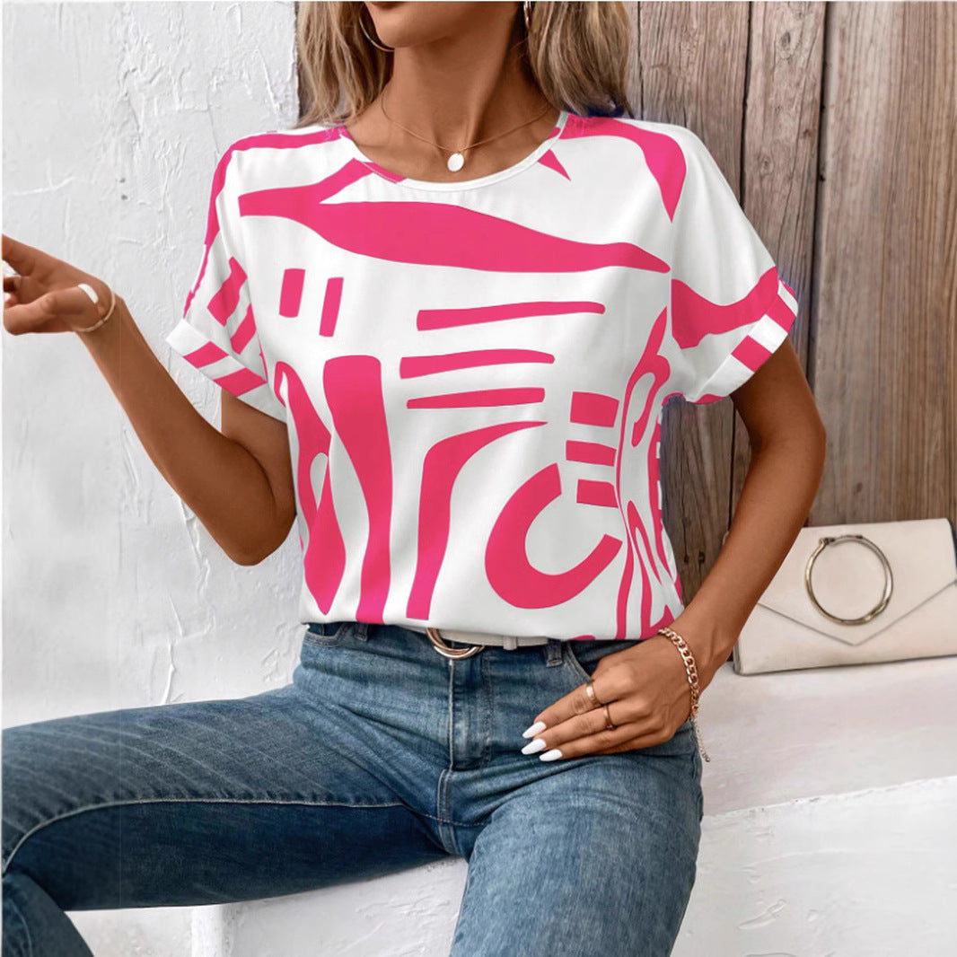 Batwing Sleeve Round Neck Geometric Printed Shirt For Women - Pink / S