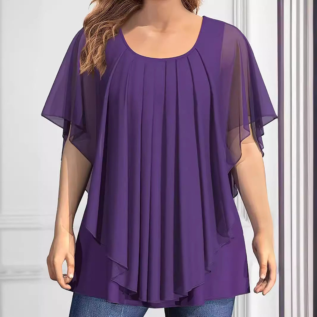 European And American Plus Size Women’s Clothes New Belly-covering Slimming Loose Solid Color Short Sleeve