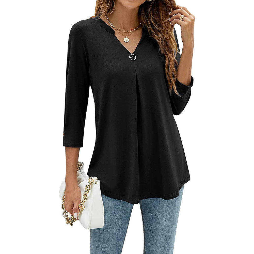 Casual And Comfortable Solid Color And V-neck Clinch Loose Three-quarter-length-sleeved T-shirt Top For Women - Black