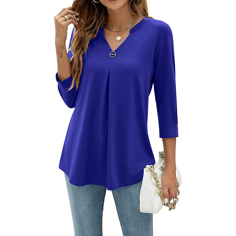 Casual And Comfortable Solid Color And V-neck Clinch Loose Three-quarter-length-sleeved T-shirt Top For Women - Blue / S