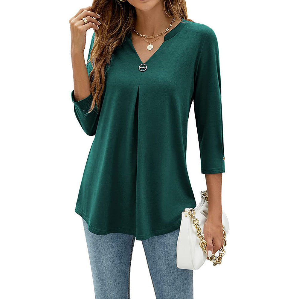 Casual And Comfortable Solid Color And V-neck Clinch Loose Three-quarter-length-sleeved T-shirt Top For Women - Green
