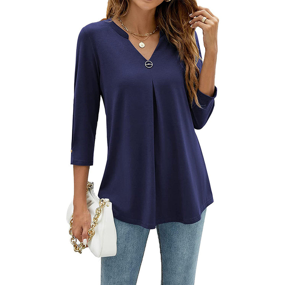 Casual And Comfortable Solid Color And V-neck Clinch Loose Three-quarter-length-sleeved T-shirt Top For Women - Navy
