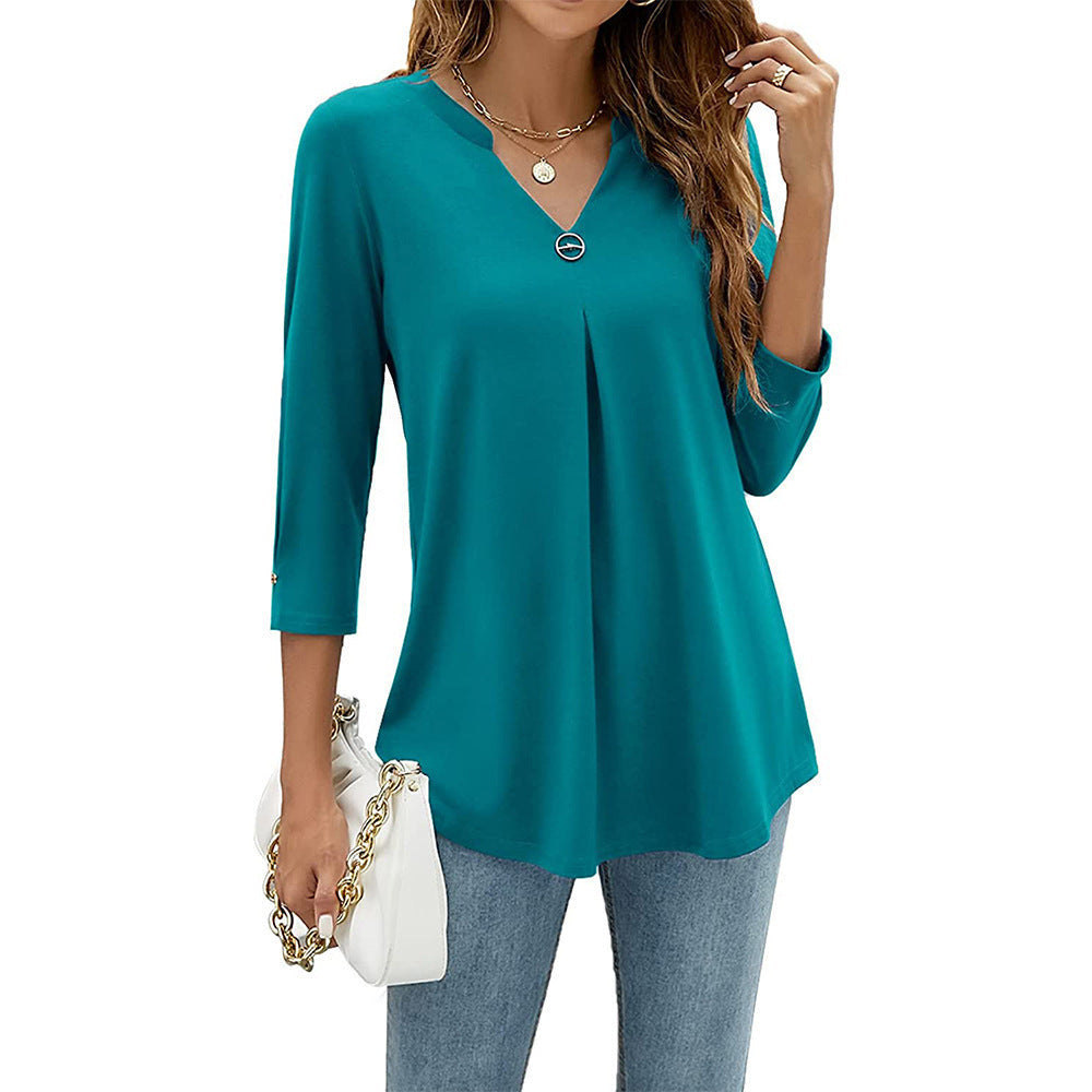 Casual And Comfortable Solid Color And V-neck Clinch Loose Three-quarter-length-sleeved T-shirt Top For Women - Ocean