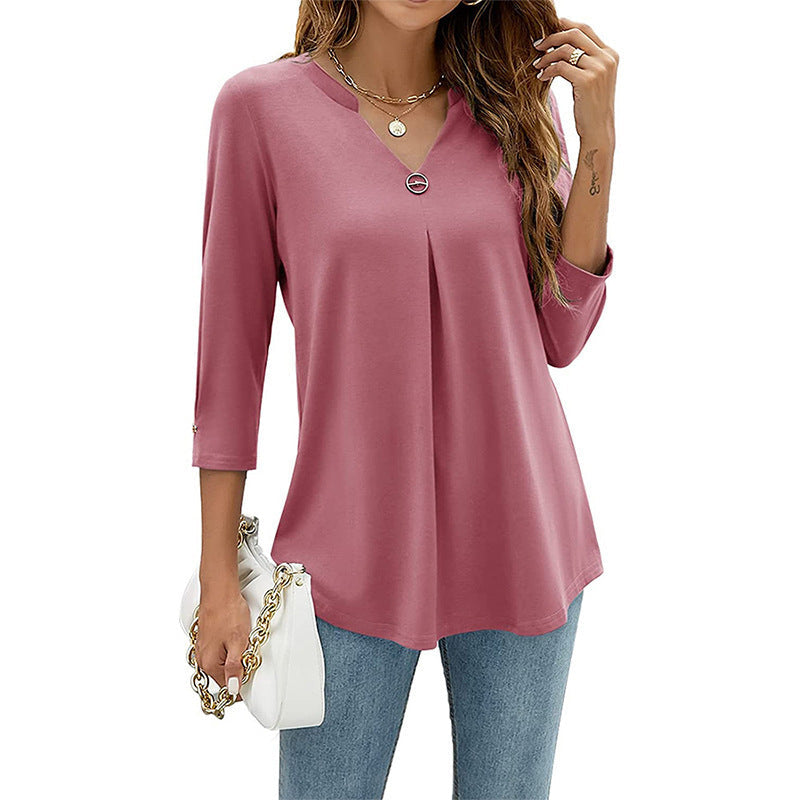 Casual And Comfortable Solid Color And V-neck Clinch Loose Three-quarter-length-sleeved T-shirt Top For Women - Pink / S