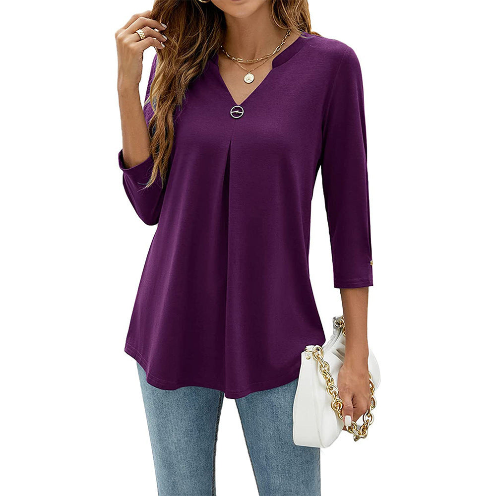 Casual And Comfortable Solid Color And V-neck Clinch Loose Three-quarter-length-sleeved T-shirt Top For Women - Purple