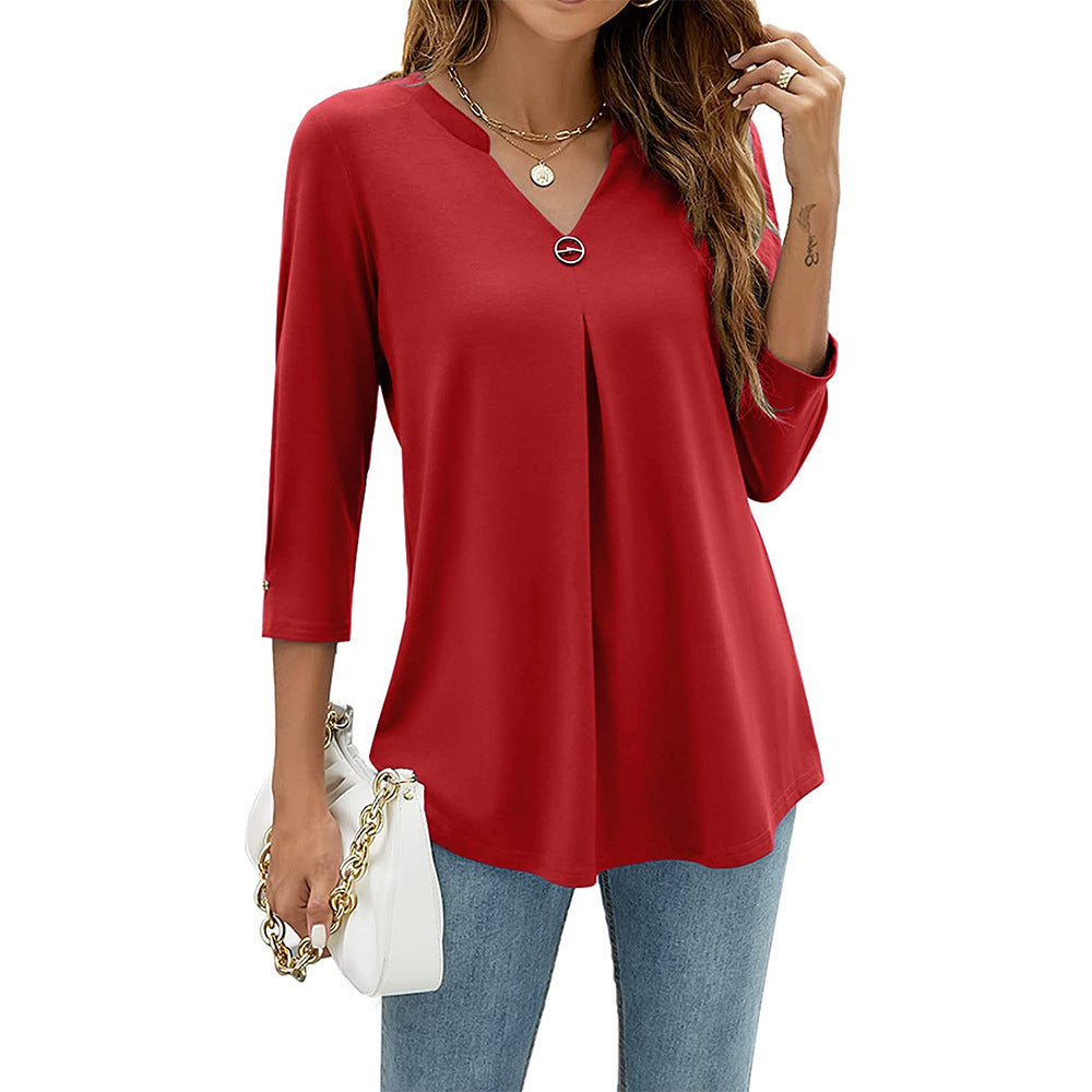 Casual And Comfortable Solid Color And V-neck Clinch Loose Three-quarter-length-sleeved T-shirt Top For Women - Red / S