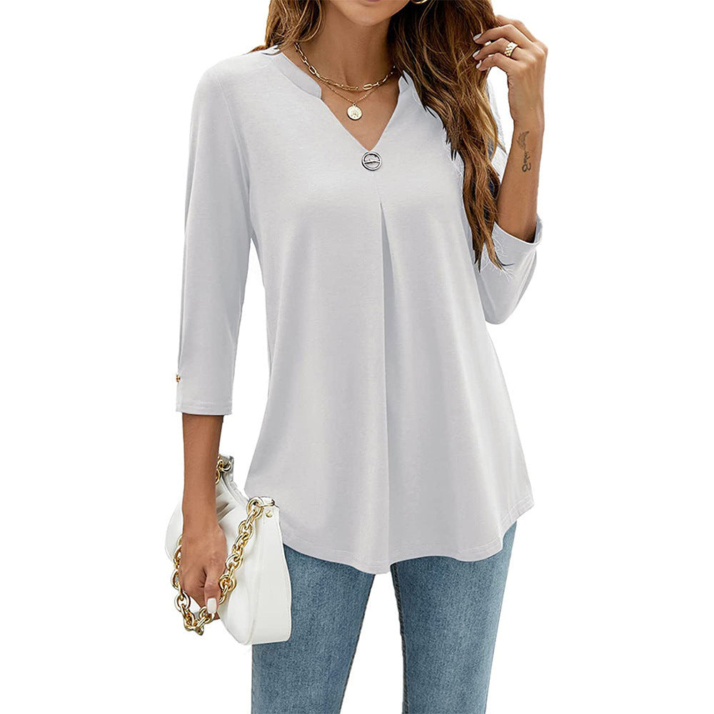 Casual And Comfortable Solid Color And V-neck Clinch Loose Three-quarter-length-sleeved T-shirt Top For Women - White