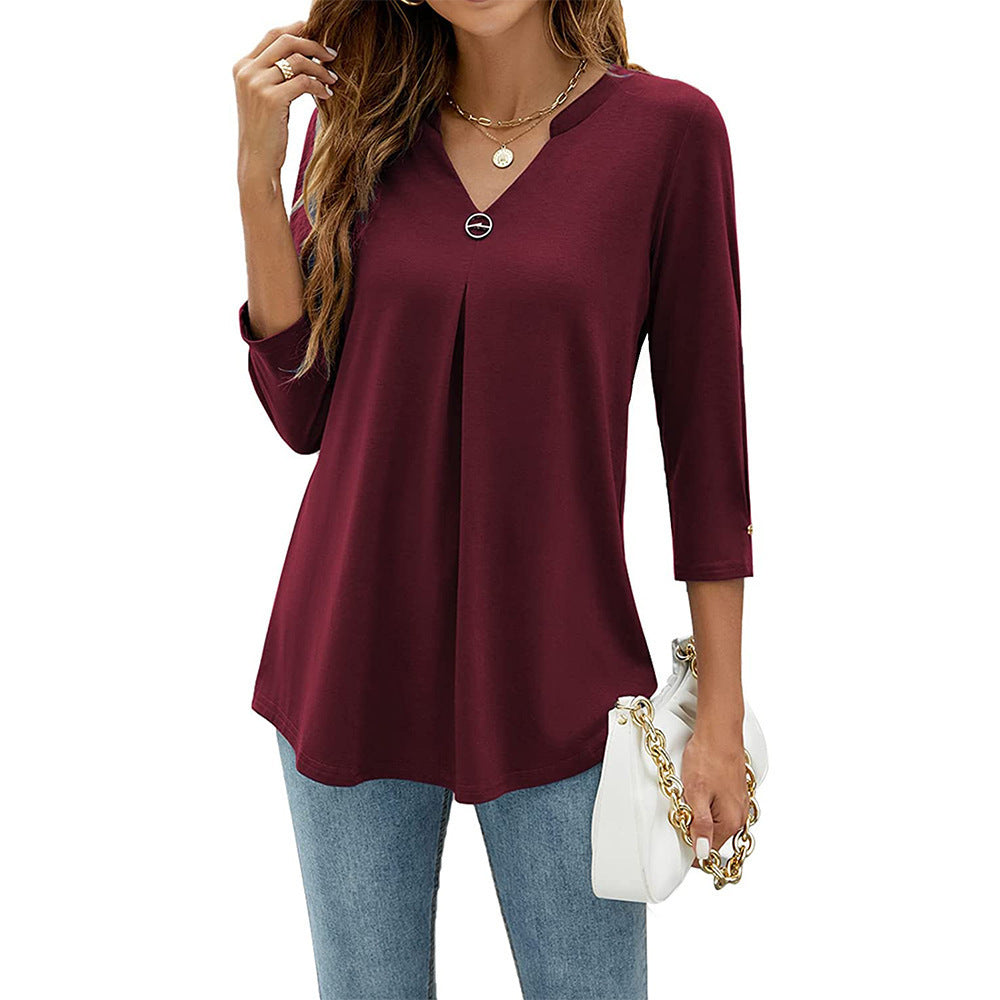 Casual And Comfortable Solid Color And V-neck Clinch Loose Three-quarter-length-sleeved T-shirt Top For Women - Wine