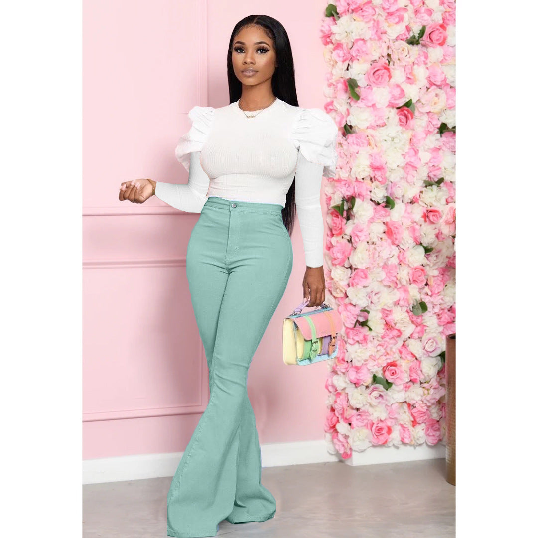 Solid Color Woven Bell-bottom Pants Suit - Light Green / S