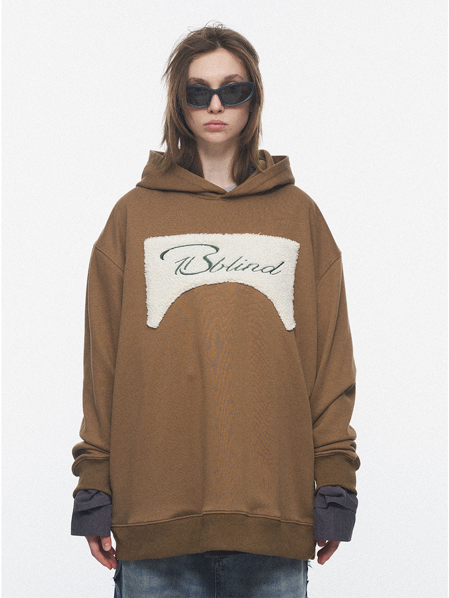Sherpa Embroidered Loose Vintage Oversized Hooded Sweatshirt - Brown / XS