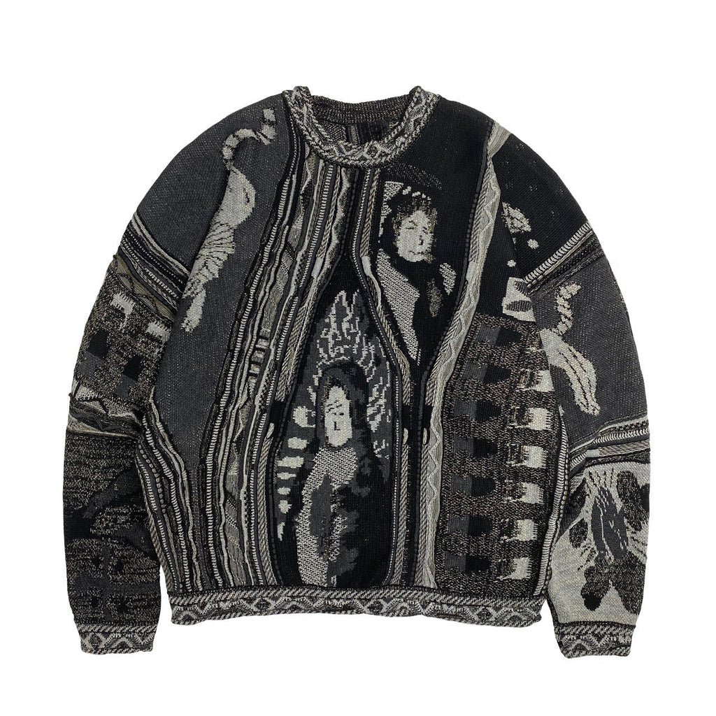 Vintage Ethnic Style Knitted Crewneck Pullover Sweater - Black / S